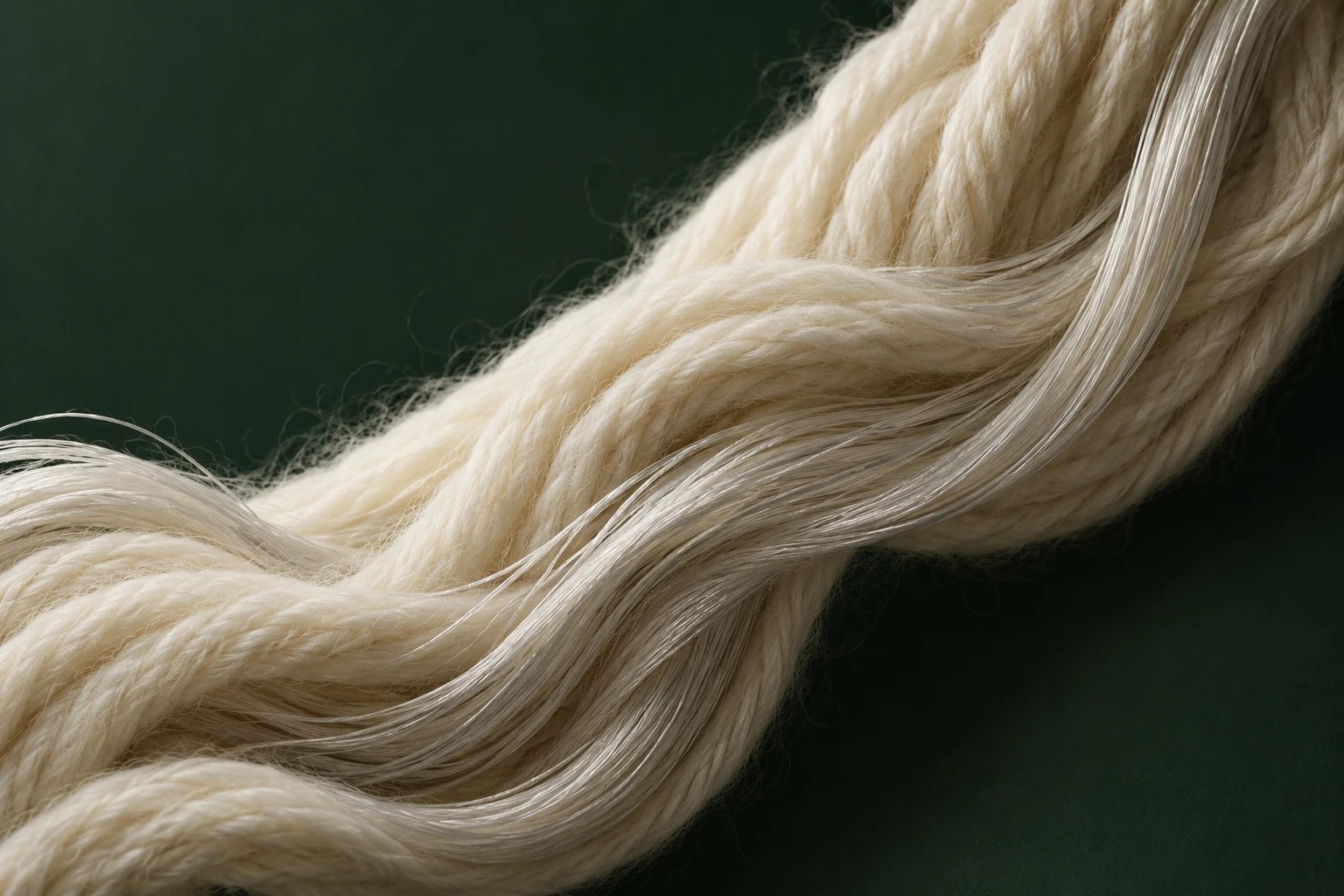 Conceptual macro photograph of soft ivory yarn and lustrous filaments against a deep green backdrop